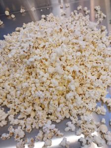 Popped popcorn in tray